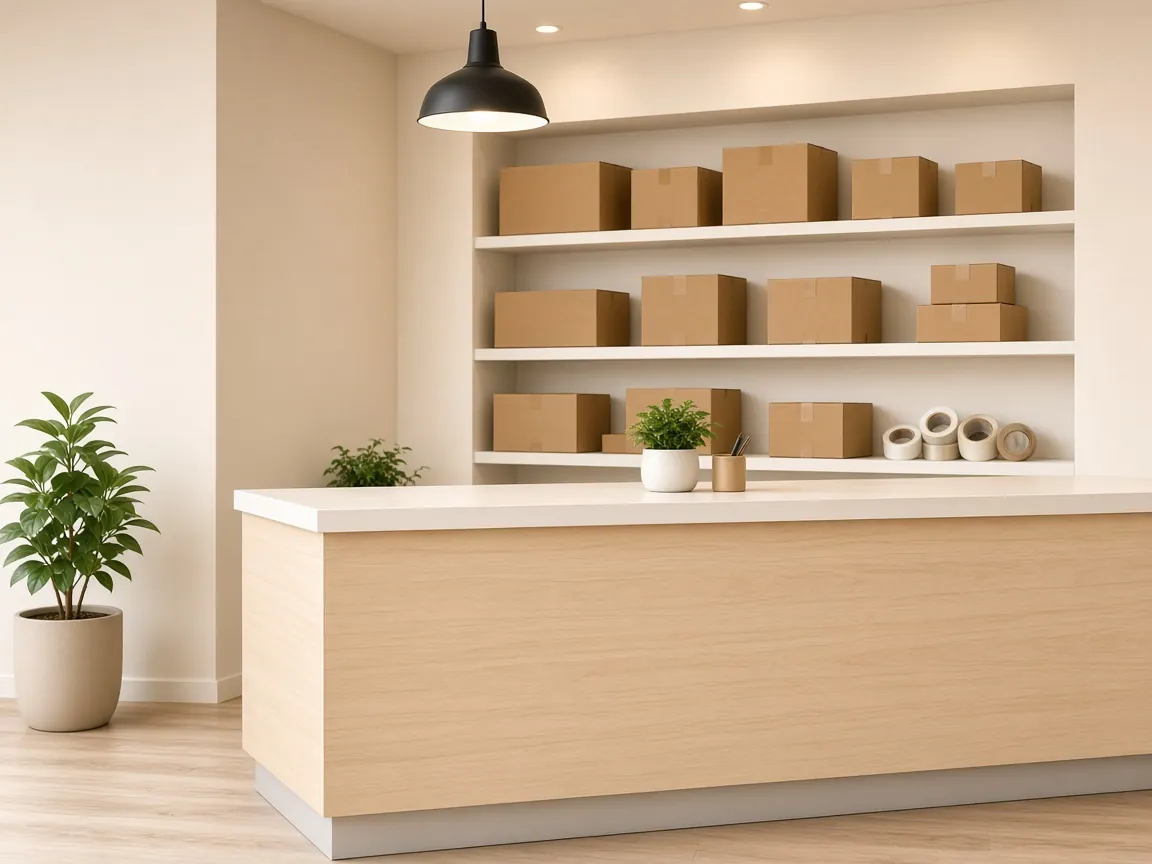 Illustration of a generic packing counter with shelves of boxes